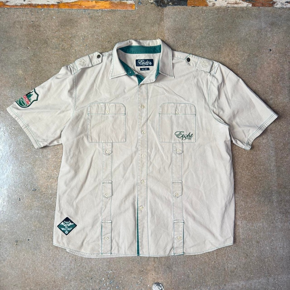 Eight 732 Mens 3XL Khaki Green Ripstop Utility Short Sleeve Button Up Shirt